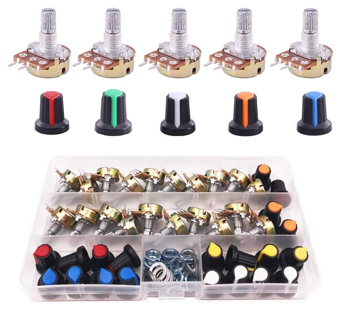 Linear Potentiometer 3 Terminal Rotary B5K B10K B20K B50K B100K B250K Ohm Potentiometer Knob with Cap Nuts and Washer for Arduino Raspberry Piand Other Projects(22 Pcs)