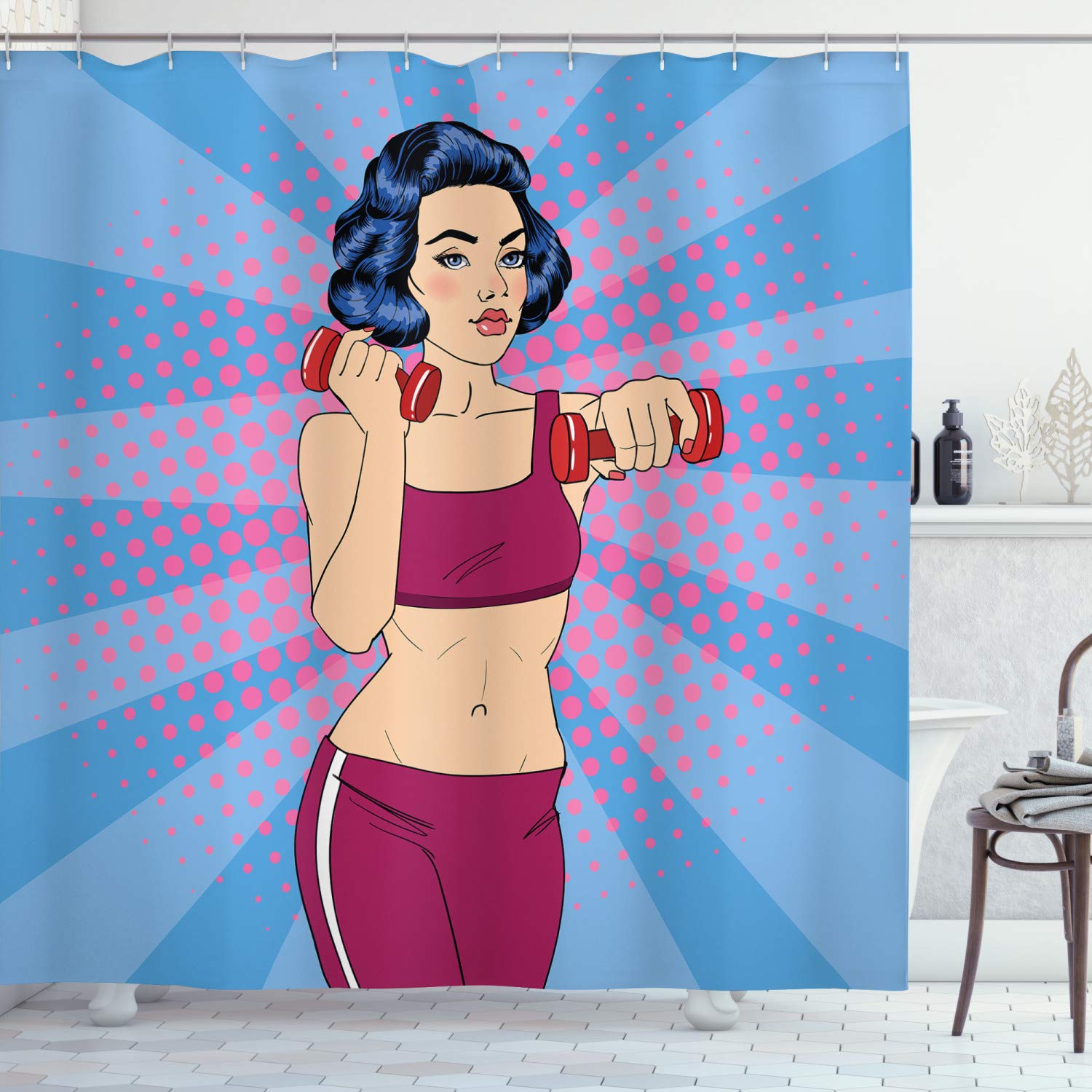 ABAKUHAUS Fitness Shower Curtain, Pop Art Woman Doing Exercises with Dumbbells Healthcare Vitality Retro Style, Cloth Fabric Bathroom Decor Set with Hooks, 70 Inches, Multicolor