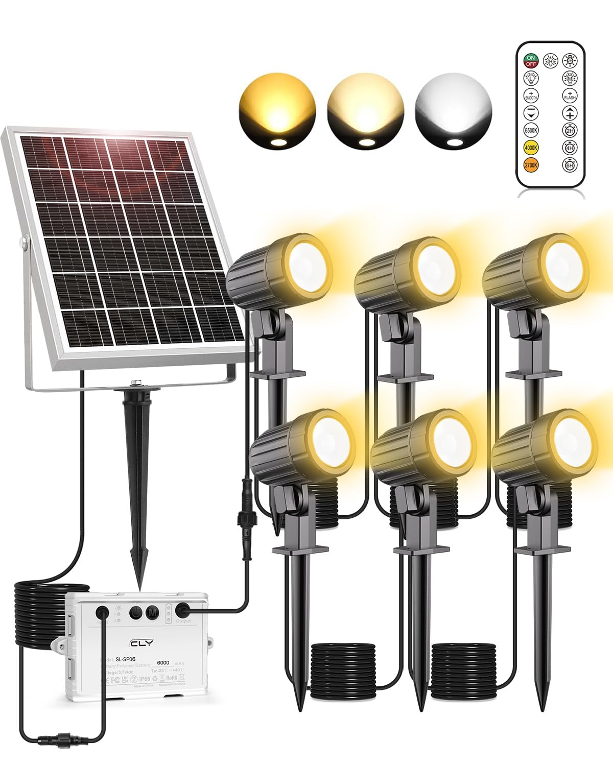 CLV 6 in 1 Solar Spot Lights Outdoor Garden Color Changing Solar Powered Spotlight IP66 Waterproof 3 Colors Solar Spike Light Landscape Spotlights Fence Lights for Lawn Path Yard Statue Tree