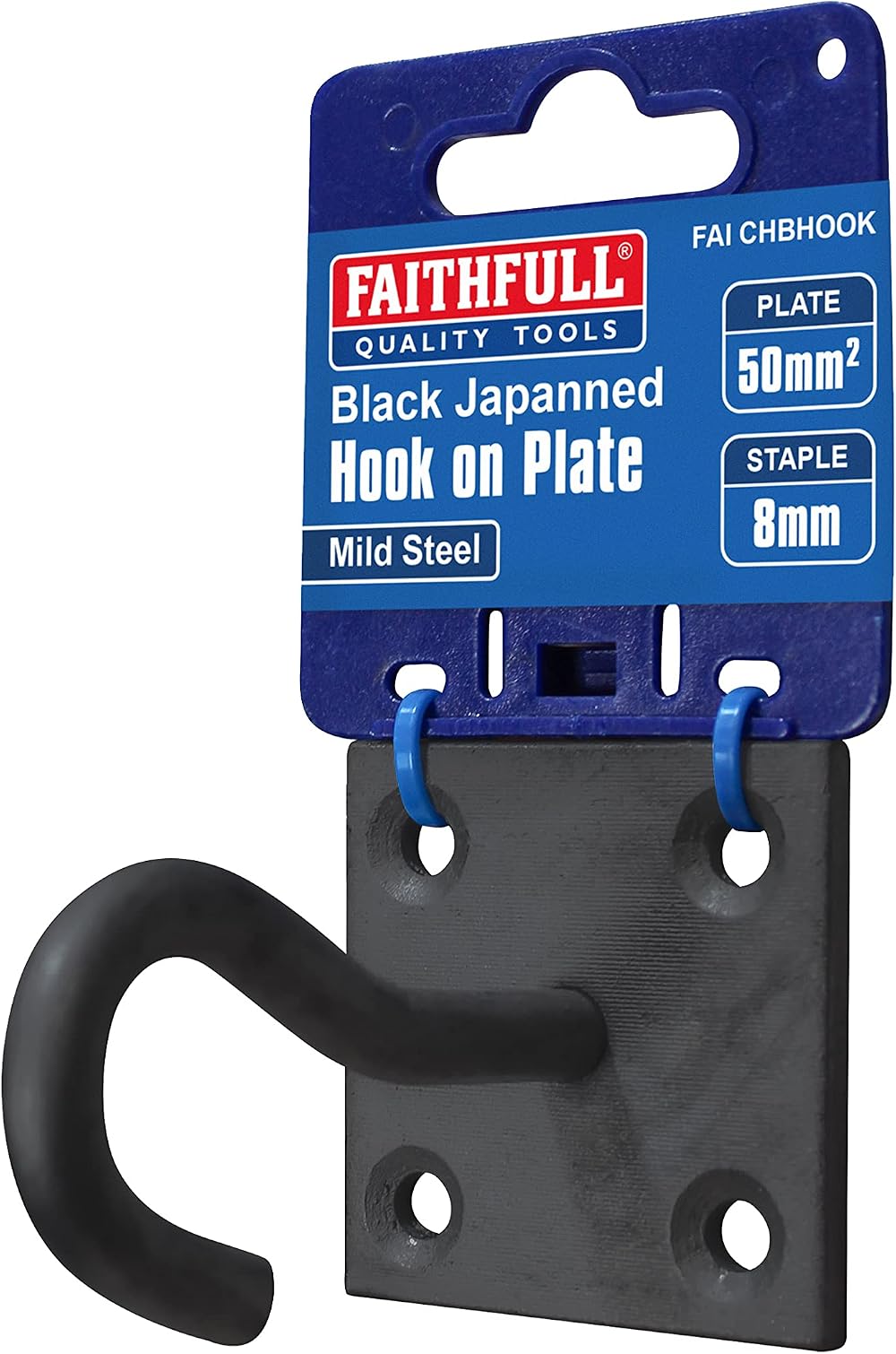 Faithfull 8mm Hook on Plate Black Japanned Steel Wall Hanging 50x50mm for Chains