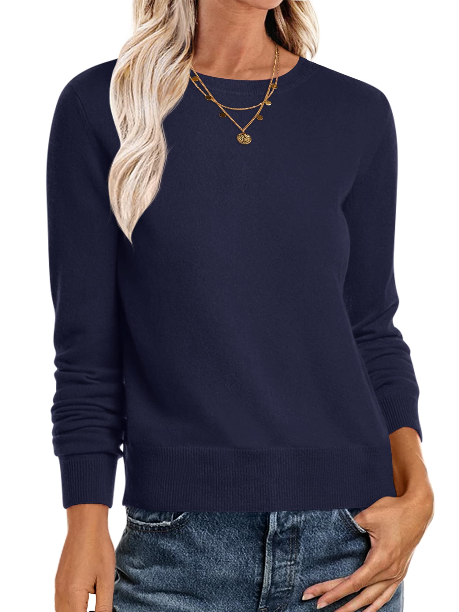 Photo 1 of ANRABESS Sweaters for Women Long Sleeve Lightweight Crewneck Soft Basic Knit Loose Fit Pullover Top 2025 Fall Trendy Outfits Navy Small
