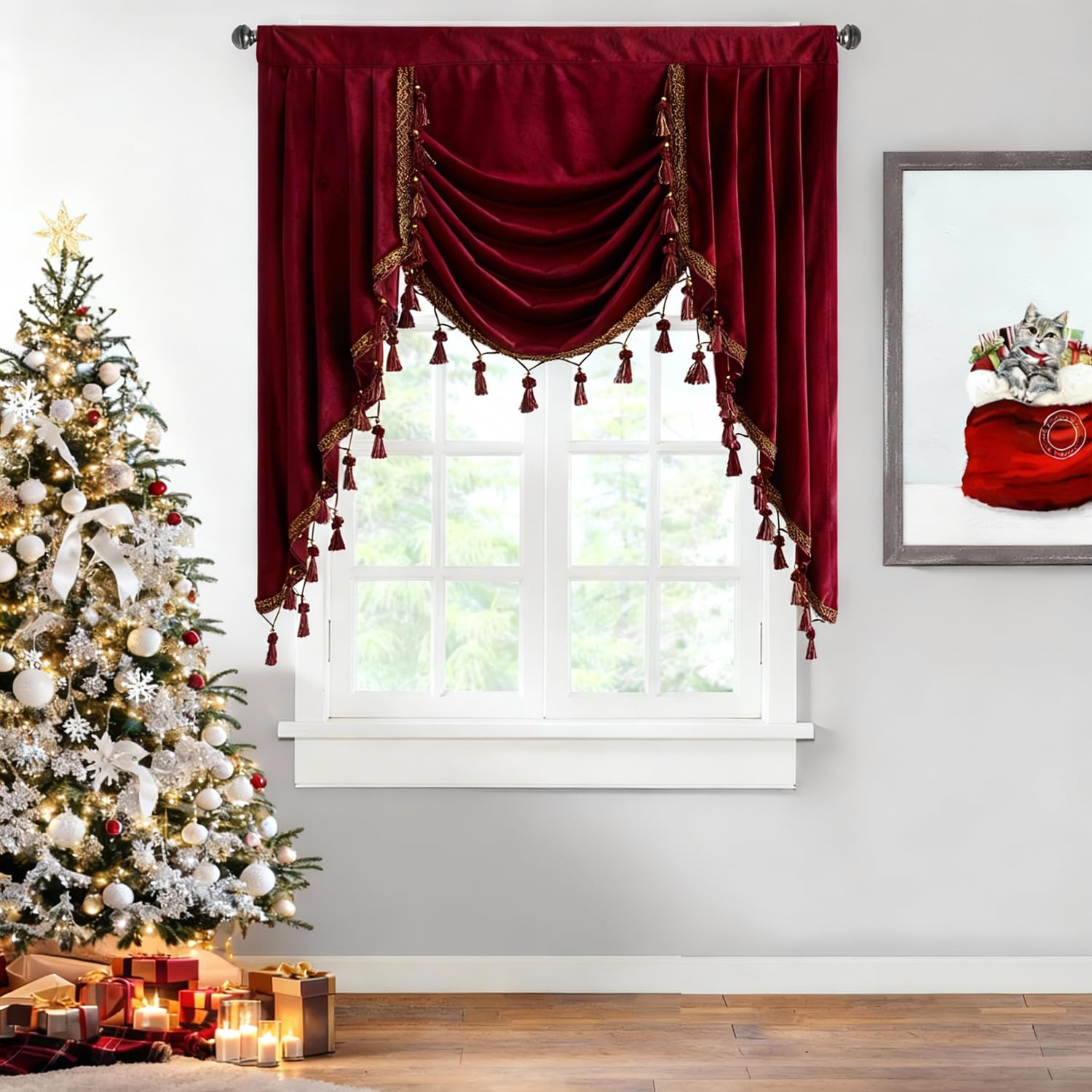 StangH Christmas Red Velvet Curtain Valances - Luxury Blackout Waterfall Valance Decor for Theater Rod Pocket Room Darkening Window Drapes for Bedroom/Bathroom, W39 inches, 1 Panel