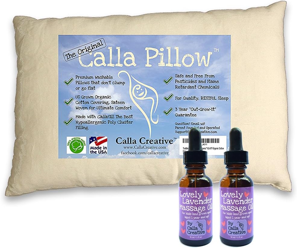 Calla Toddler Pillow Soft Organic Cotton of size 13" x 18" x 3.5" Bundle with 2 Pack Organic Lavender in Fractionated Coconut Oil - Pure Essential Oils for Babies by Calla Creative