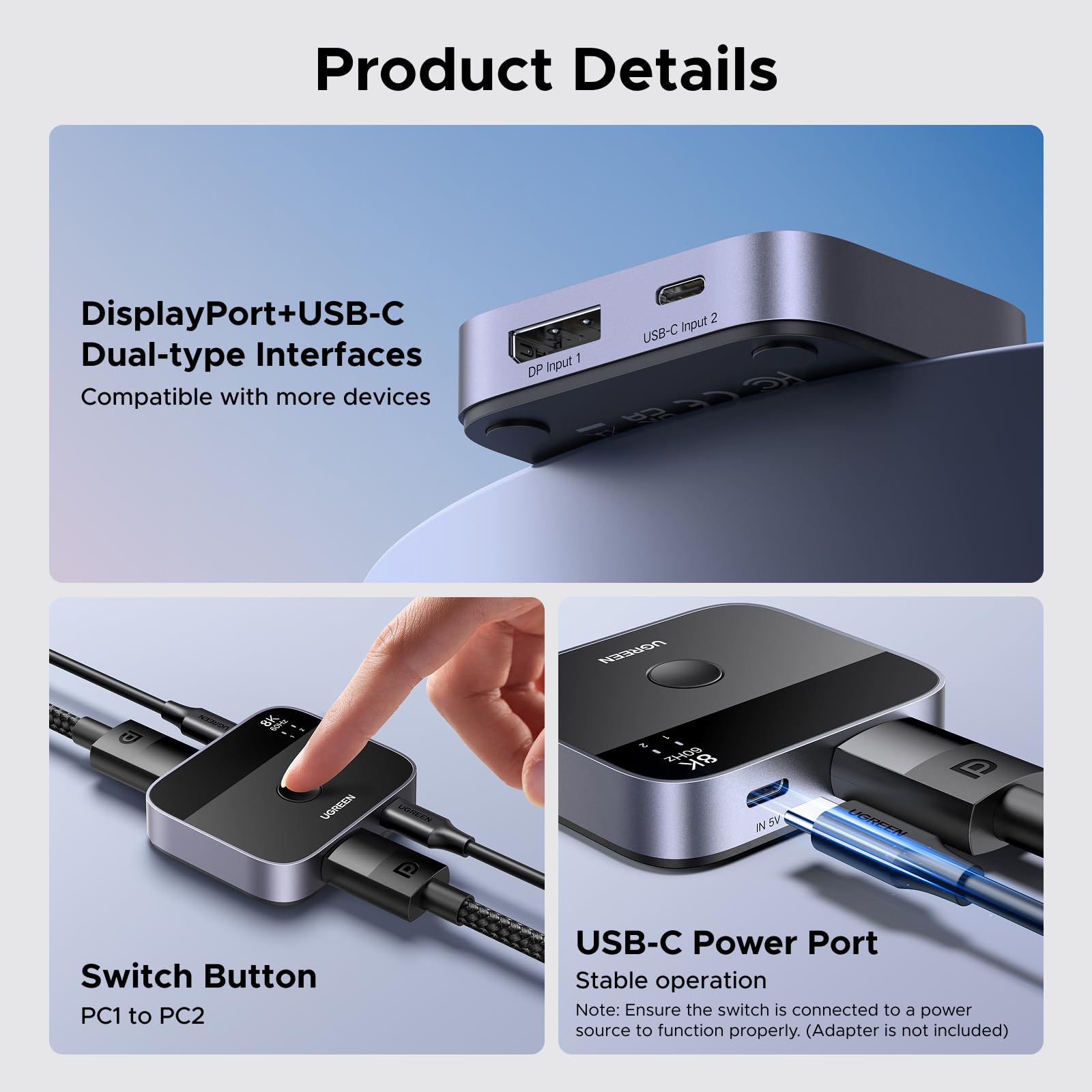 UGREEN DisplayPort USB C Switch 2 In 1 Out DP1.4 Switcher 8K60Hz 4K240Hz 2 PC 1 Monitor Unterstützt des Umschaltens zwischen 1 Desktop-Computer und 1 Laptop Kompatibel mit Windows/Linux/MacOS usw. 5