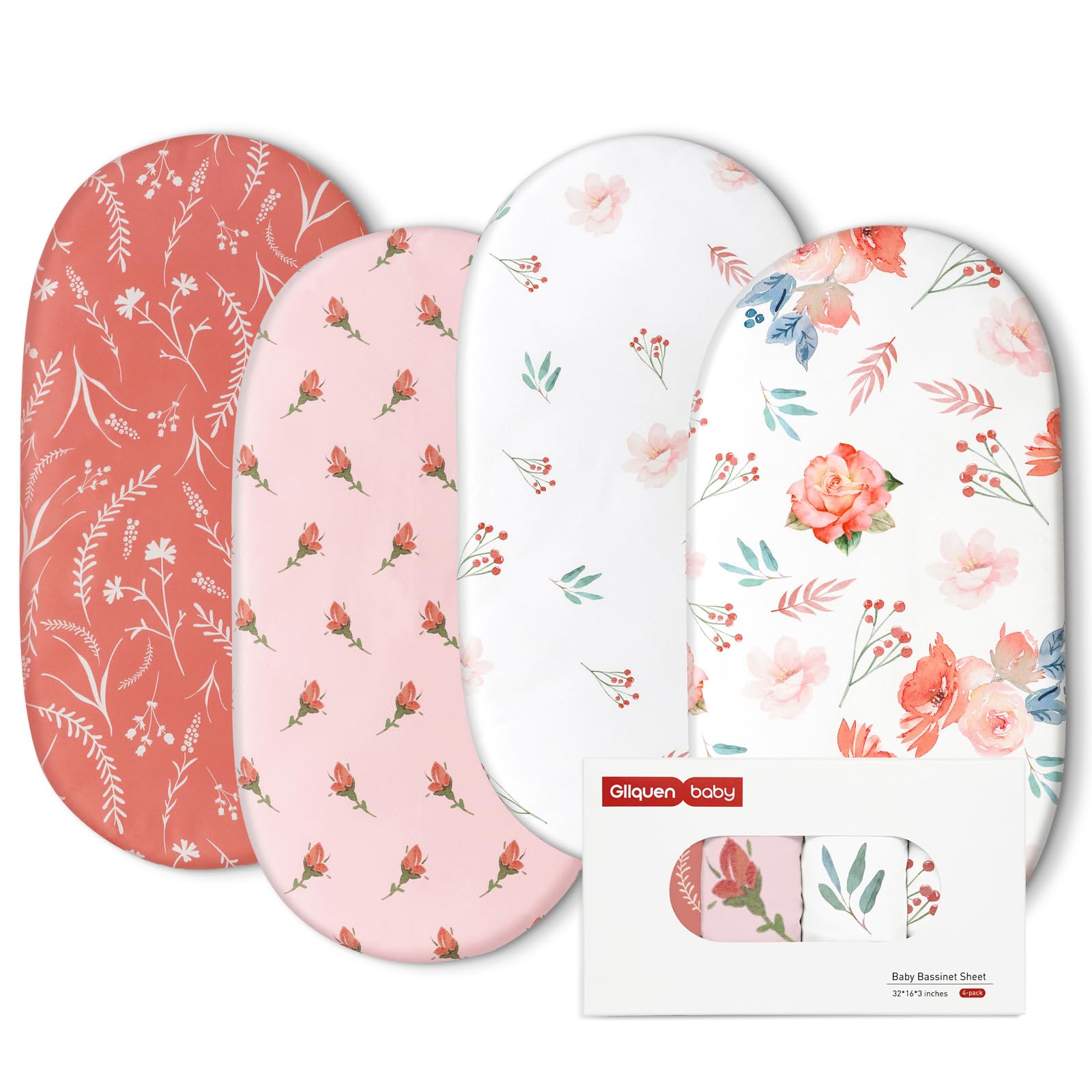 Photo 1 of Gllquen Baby Bassinet Sheets 4 Pack, Breathable Cozy Fitted Mattress Sheet, Elastic Travel Crib Fashionable Floral Pattern, Standard Cradle Safe Sheets for Baby Boys Girls 32"x16" (Flower)