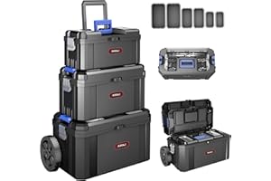 AIRAJ 3 IN 1 Rolling Tool Box With Wheels,Stackable Tool Box,Modular Tools Storage Organizer,Top Small Parts Organizer Design,With Removable Small Parts Box,for Home,Repair,Garage Storage,17 IN+19 IN+21 IN