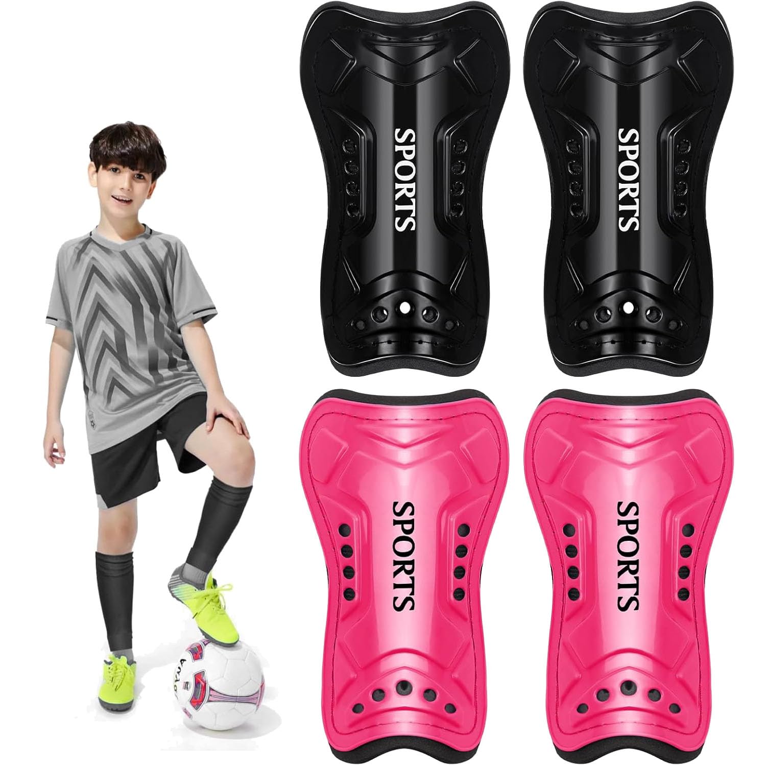 Photo 1 of 2 Pairs Soccer Shin Guards for Toddler Kids Youth, Soccer Shin Pads with Adjustable Double Strap for 3-14 Years Teens Lightweight Calf Protective Gear for Football Soccer (Black and Rose Red, S)