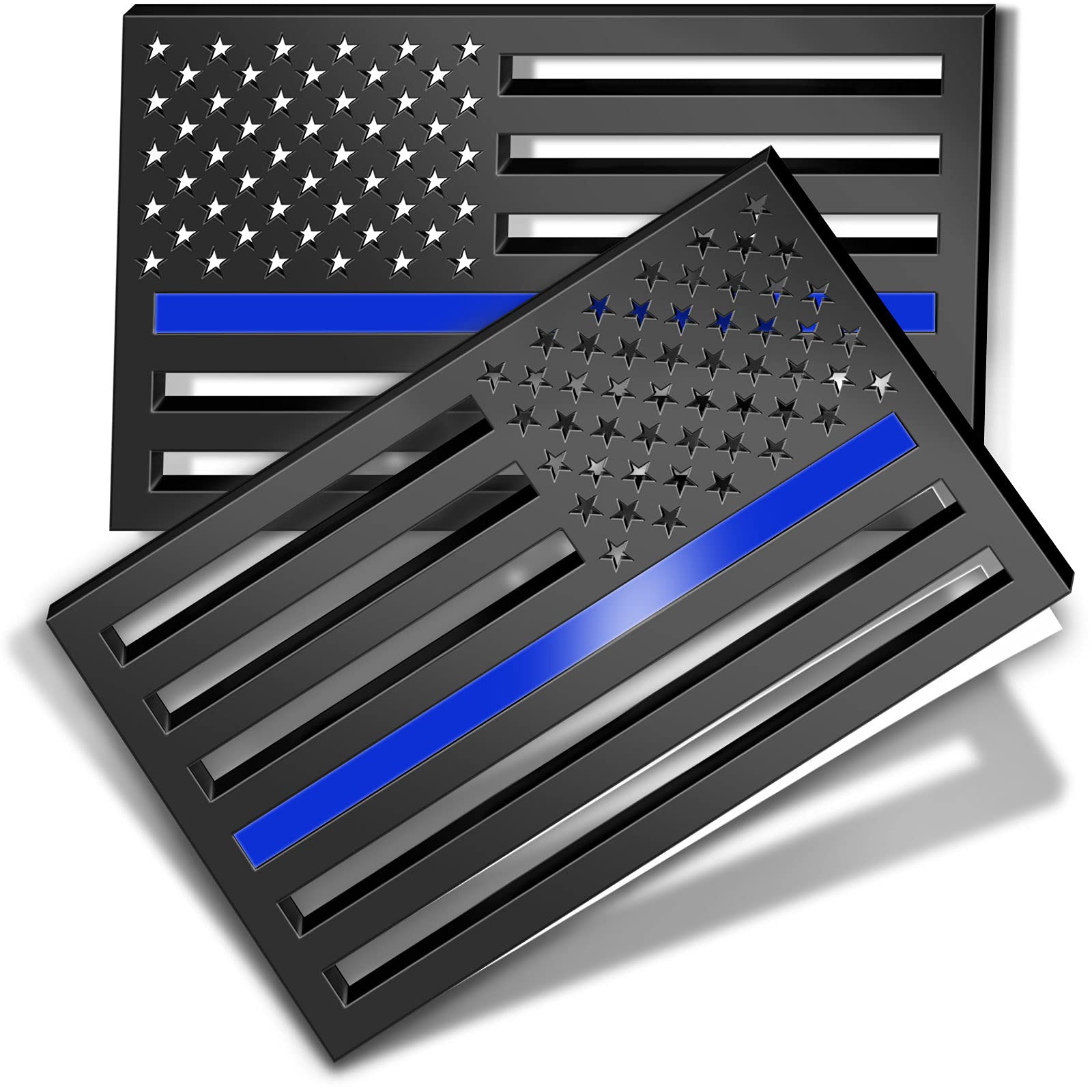 Photo 1 of 1 Pair of Reflective 3D Thin Blue Line American Flag Emblem Car Decals 3"x5", 3mm Thickness Matte Black Subdued Police US Flag Bumper Stickers Support for Law Enforcement Officers