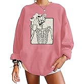 Meladyan Halloween Skull Graphic Print Fleece Oversized Sweatshirt Crewneck Long Sleeve Drop Shoulder Pullover