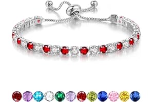 SFONI Birthstone Bracelet for Women, Silver Tennis Bracelets with Cubic Zirconia Adjustable Slider Bracelet Birthday Mother's Day Graduation Gifts for Her Mom Wife Girlfriend