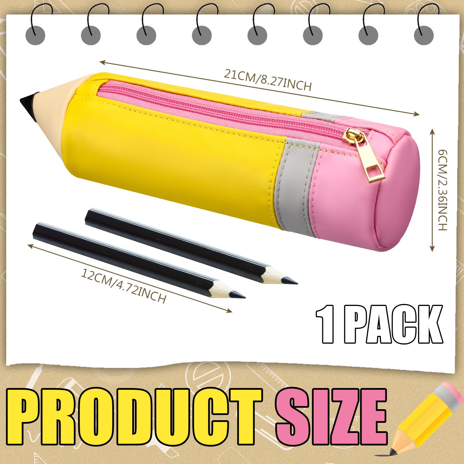 Kisston 1 Pcs Pencil Shaped Case, Leather Teacher Pencil Pouch, Cute 3D Dimensional Pen Holder with Zipper, Funny Large Capacity Pen Bag for Teacher Gifts (Classic)