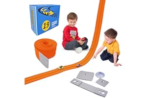 MIMENG UOMO 18Ft Flexible Race Track for Kids, with Three Types of Hooks,Monster Blue Truck Ramp with Hot Wheels and Diecast 1/64th Cars and More Rolls Up Portable Racetrack