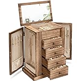 Emfogo Jewelry Box for Women, 5 Layer Large Wood Boxes & Organizers for Necklaces Earrings Rings Bracelets, Rustic Organizer with Drawers and Mirror(Carbonized Black)