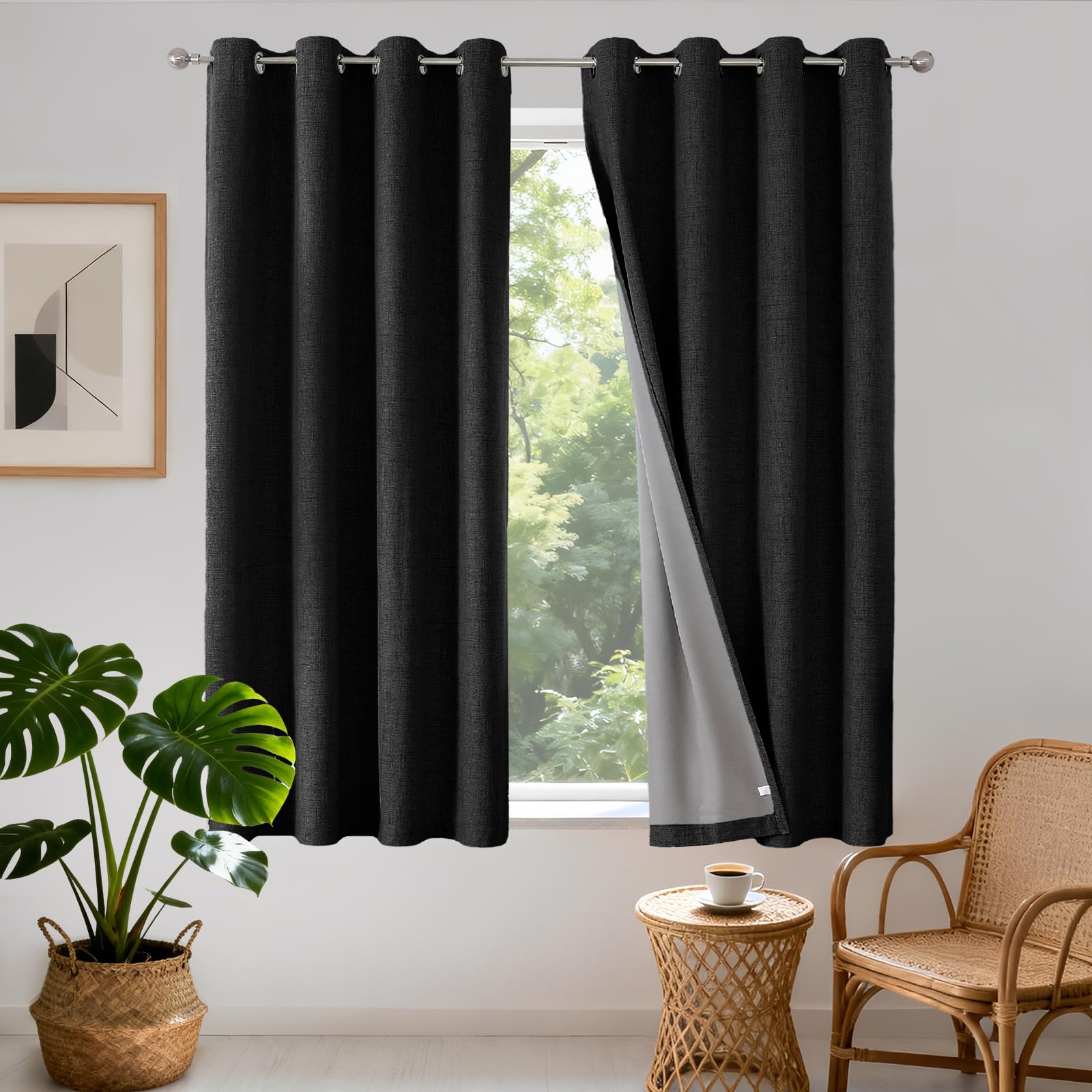 Joydeco 100% Blackout Lined Curtains W46 x L54 Inch Drop, Linen Look Textured Thermal Insulated Eyelet Short Black Curtains with Coating Back Layer for Living Room Bedroom - 2 Panels