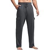 PINSPARK Men's Cargo Sweatpants with Pockets Open Bottom Baggy Cotton Jogger Sweatpants Uncuffed Lounge Pants Straight Leg