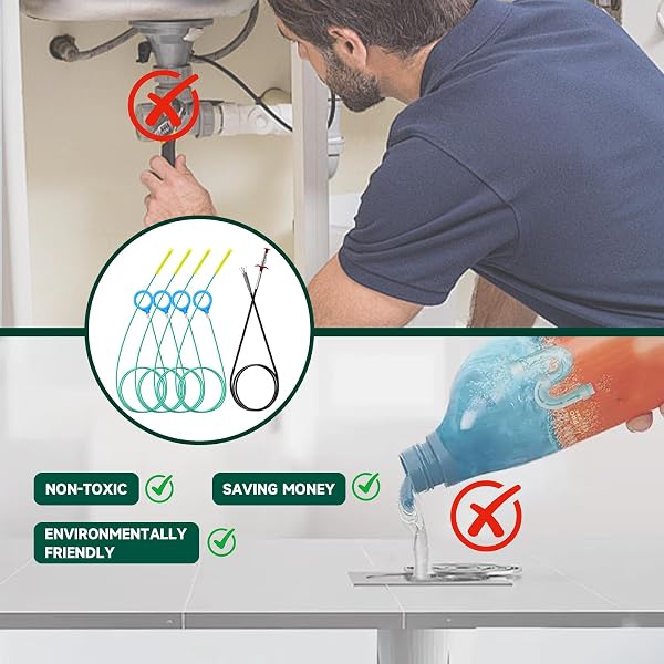 SNAKE DRAIN HAIR REMOVAL TOOL (5 PCS): 4 X 50-INCH DRAIN HAIR REMOVERS + 63-INCH SHOWER DRAIN SNAKE BLOCKAGE REMOVAL TOOL, DRAIN BRUSHES FOR SHOWERS, TOILETS, BATHROOM SINKS AND BATHTUBS.