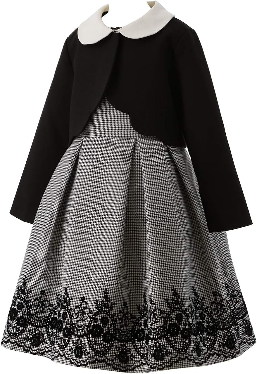 Amazon Catherine Cottage 入学式 卒業式 卒園式 結婚式 白襟スカラップボレロ ワンピーススーツ 女の子 Pc851 130cm 黒ボレロ 千鳥 花柄ワンピ Blk Tak フォーマル 通販