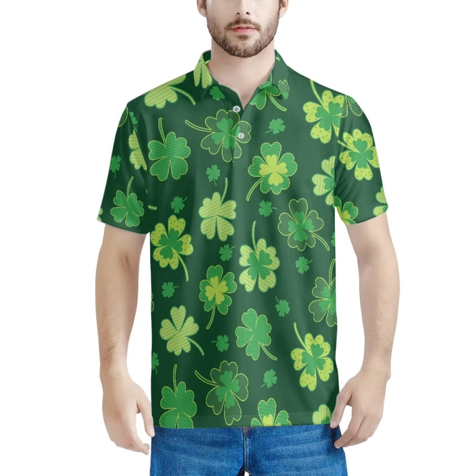 HUGS IDEA Green Clovers Polo Shirts for Men