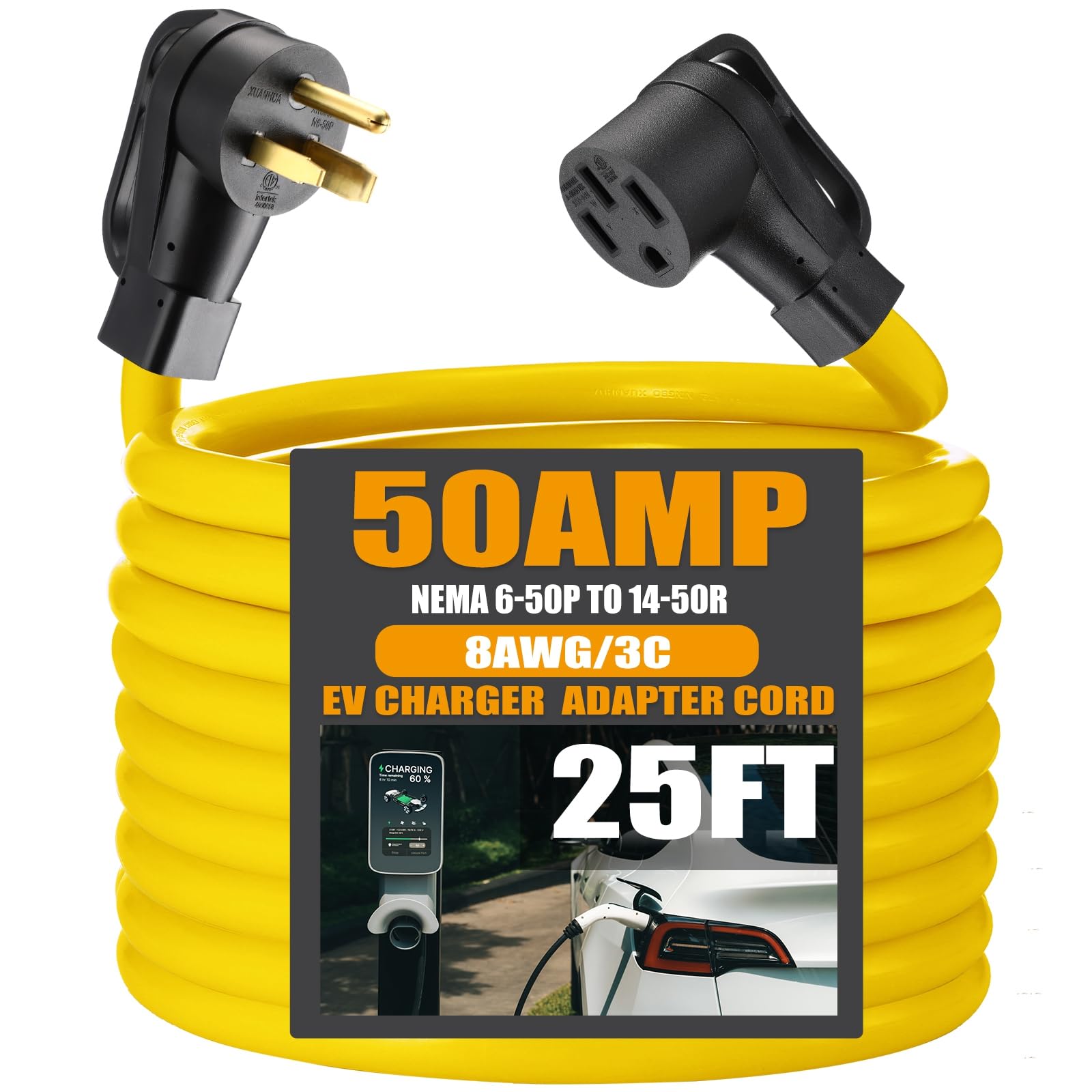 Photo 1 of Tellegloww 25FT EV Charger Adapter Cord Compatible with NEMA 6-50P to 14-50R, 50 Amp Welder to 50 Amp EV for Level 2 Charging, 3 Prong Male to 4 Prong Female Power Cord, STW 10 AWG/4C, ETL Listed