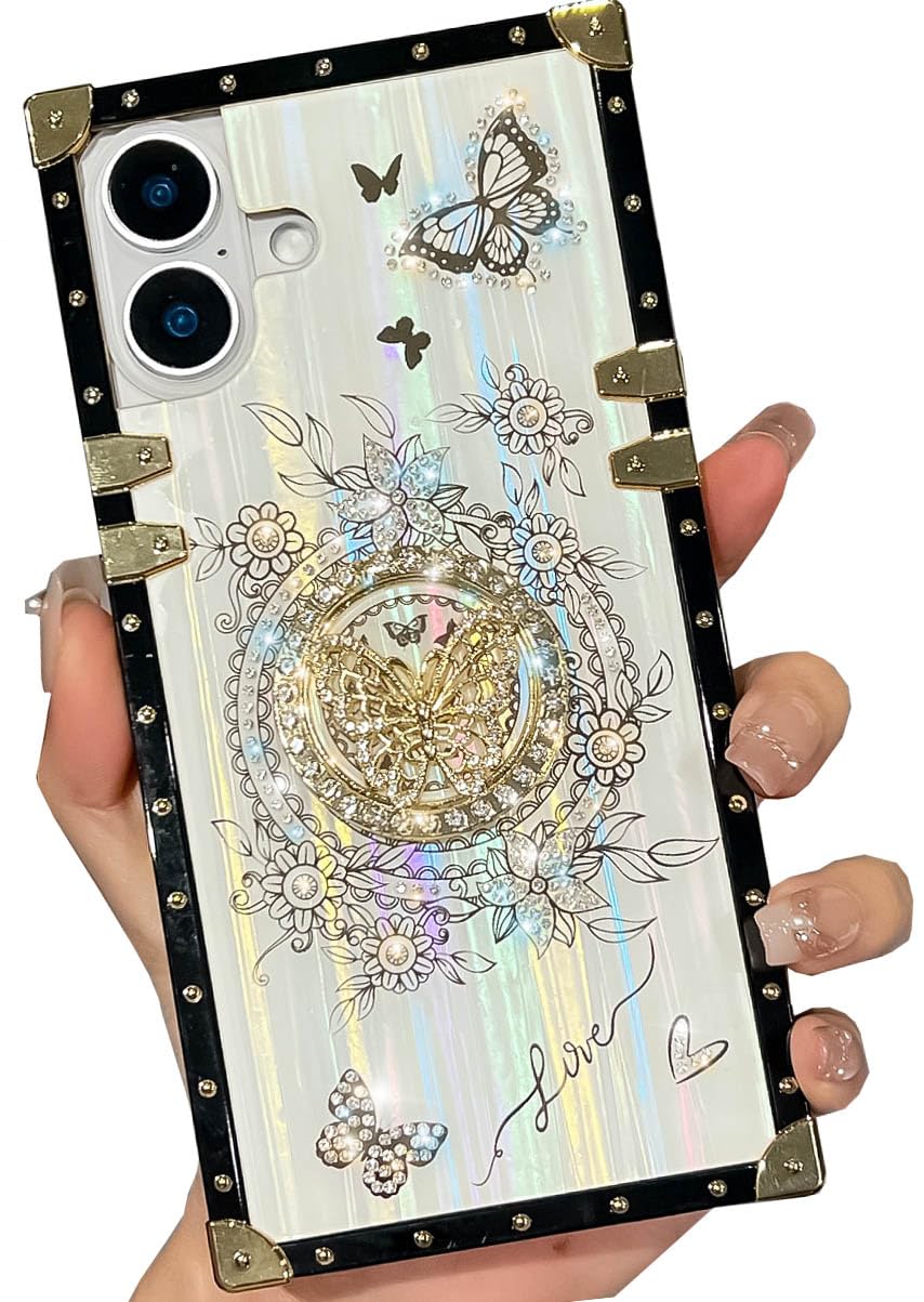 TETAW Cute Bling Compatible with iPhone 16 Plus Case,Luxury Glitter Cover with Sparkly Rhinestones Butterfly Foldable Stand Kickstand,Soft PC Bumper Protective Cover for Women & Girls(White)