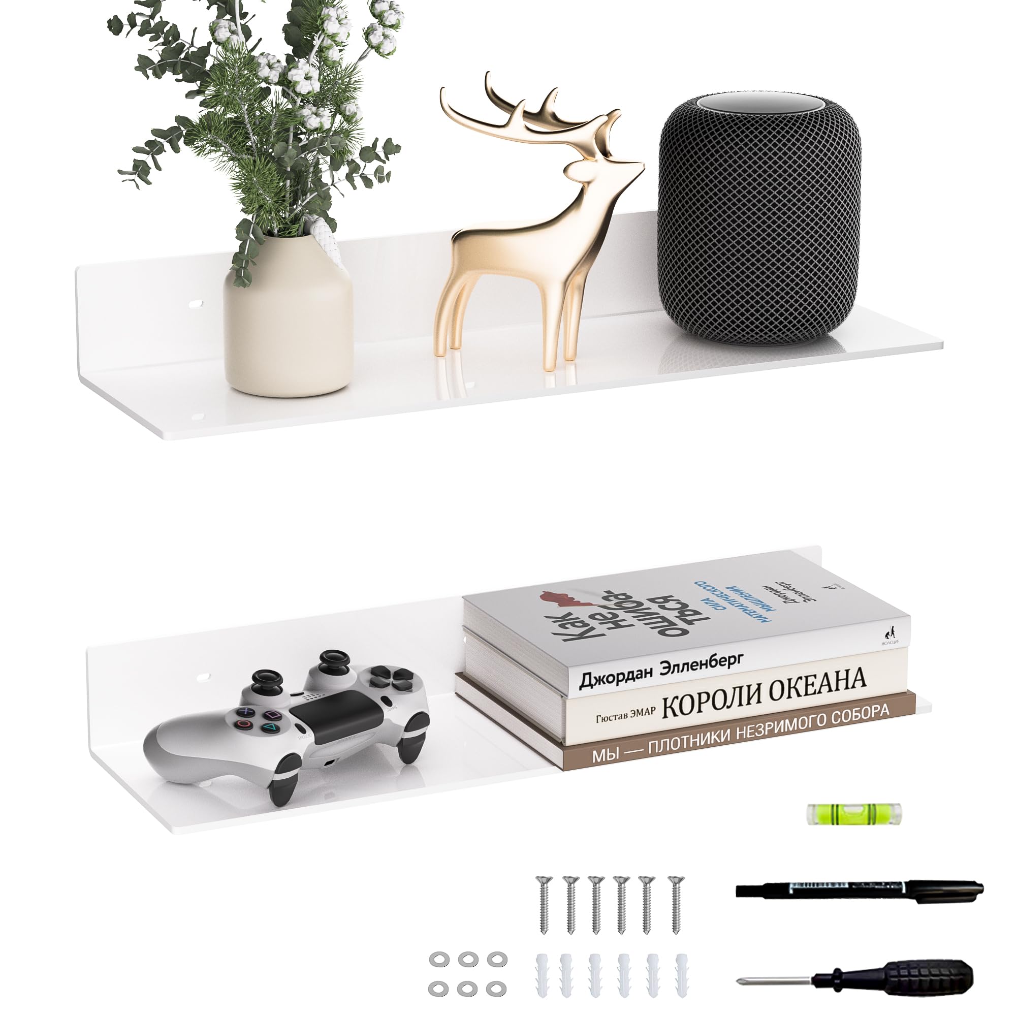 Photo 1 of ***STOCK PHOTO FOR REFERENCE ONLY ***Sezanrpt 20 Inches Acrylic Wall Shelves 2 Pack, Floating Shelf for Wall Mounting, Acrylic Display Ledges for Funko Pop Figures, Home Décor, Living Room, Gaming Room, Plants(20 inch, White)