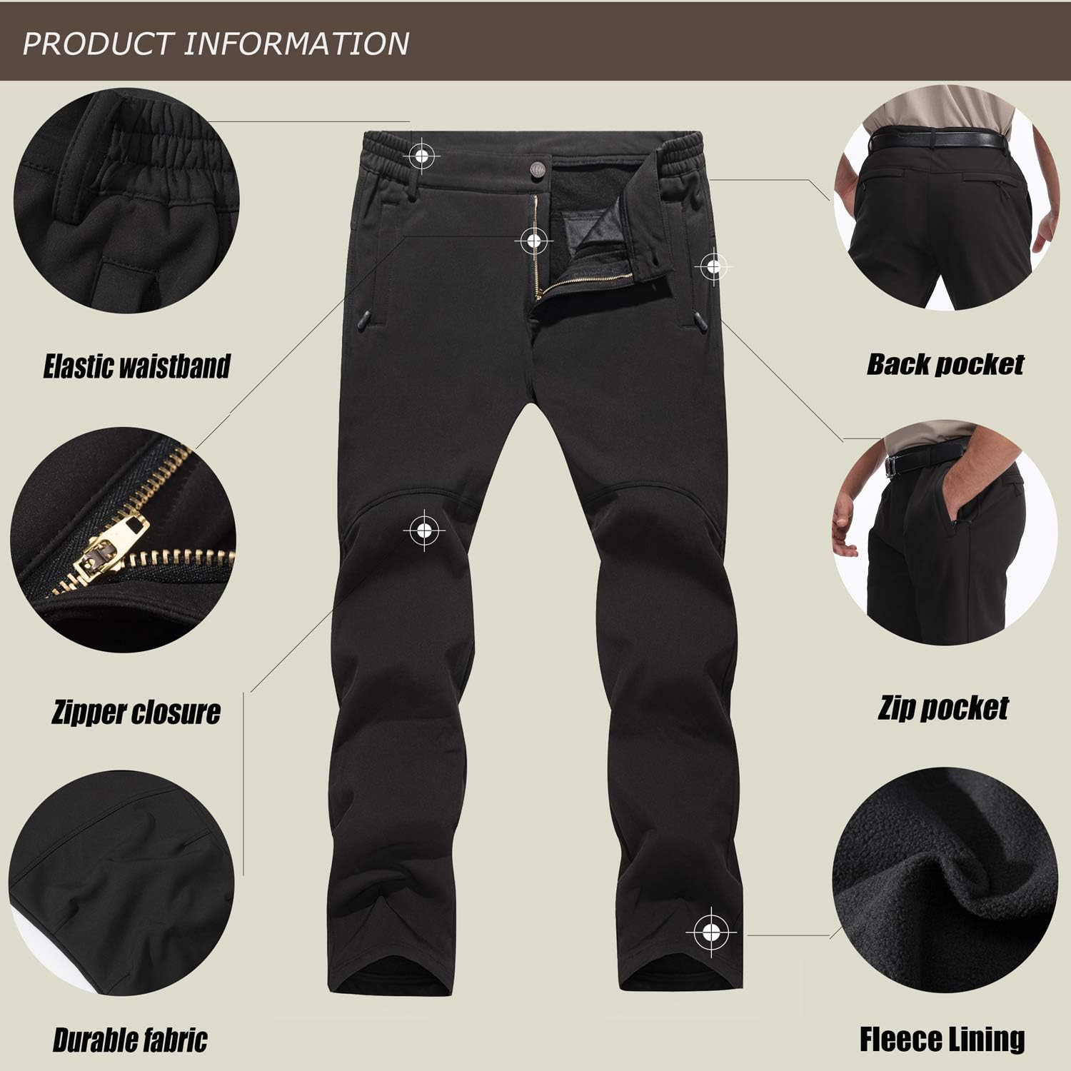 TACVASEN Men's Ski Pants-Snow Ski Tactical Fleece Lining Softshell Winter Pants Trousers : Clothing