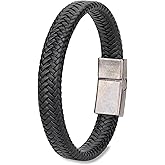 Handmade Leather Bracelet for Men - Braided bracelet with steel clasp made of first quality genuine leather (Black braided)
