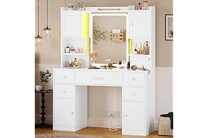 Tiptiper Large Vanity Desk with Mirror and Lights, Makeup Vanity with Lights and Charging Station, Vanity Table with Smart Mirror with Time Display, Makeup Table with 5 Drawers, White
