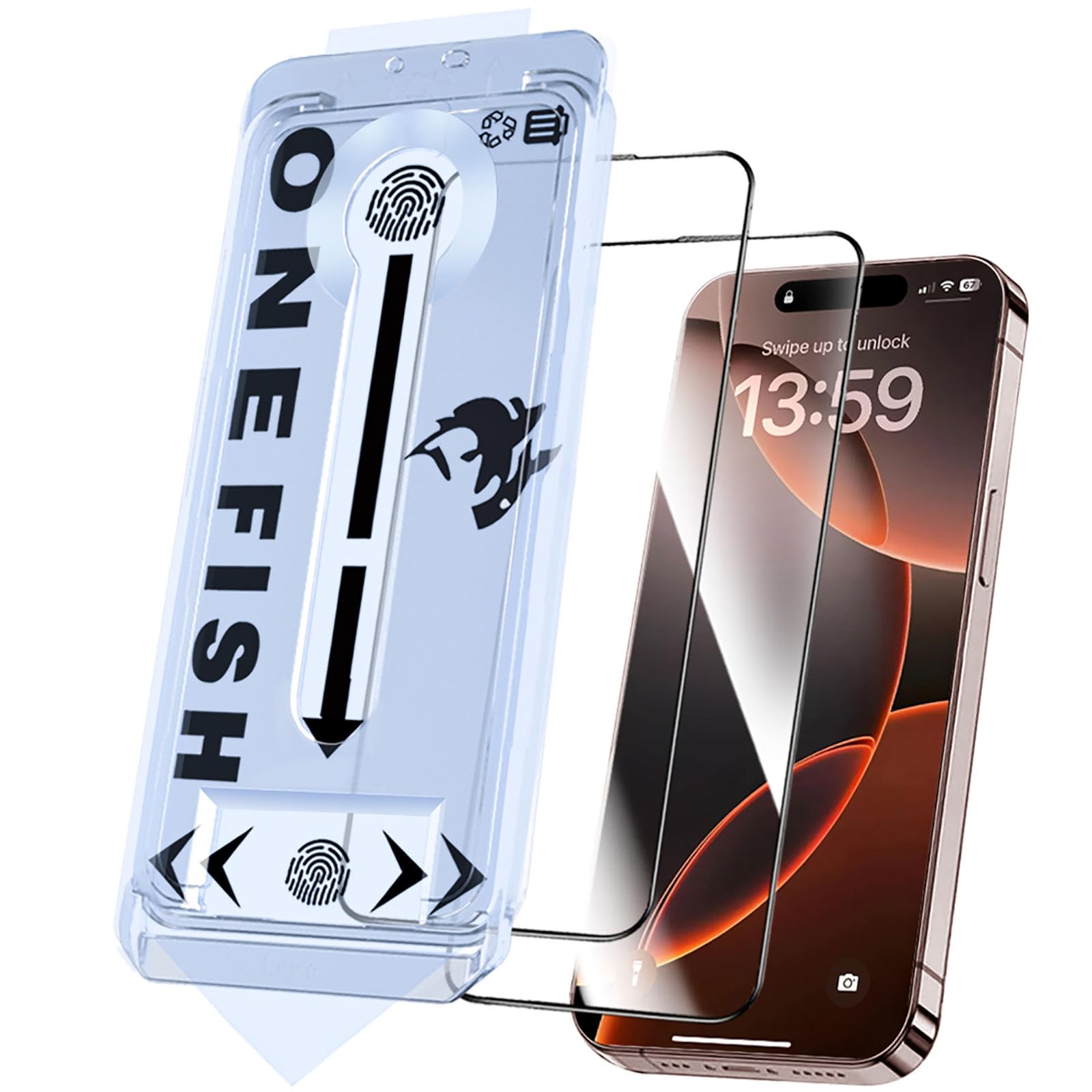 Photo 1 of OneFish Glass Screen Protector for iphone 14Pro/15, 9H Hardness Glass Scratch Resistant, HD Clarity Tempered Film with Installation Frame, Bubble Free, Easy Installation, 2Pack