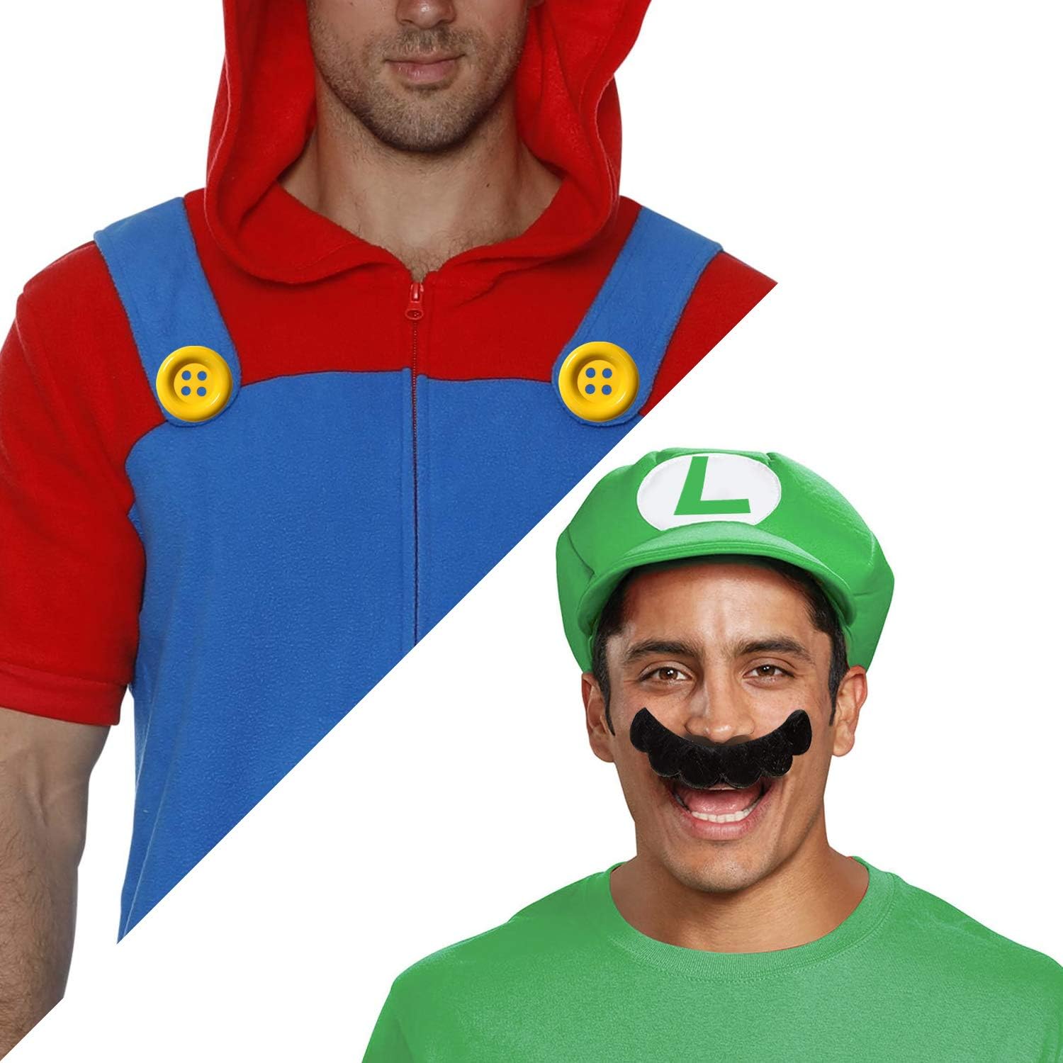 MOVINPE Super Mario Bros Hat Baseball Cap, Fake Mustaches, White Gloves, Yellow Buttons, Unisex Halloween Costume Cosplay for Adult Kids (Red Mario & Green Luigi 24pcs): Clothing