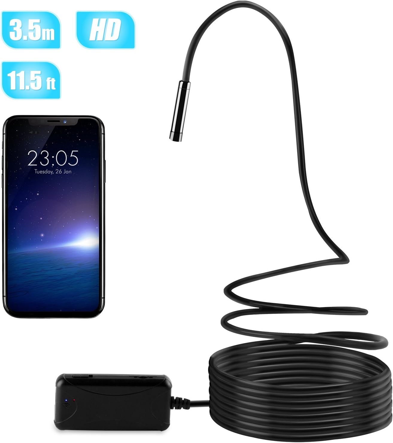 Wireless Endoscope Semi-Rigid WiFi Borescope Inspection Camera with IP67 Waterproof 2MP HD Snake Camera for iOS Android Smartphone and Tablet (3.5M/ 11.5ft)