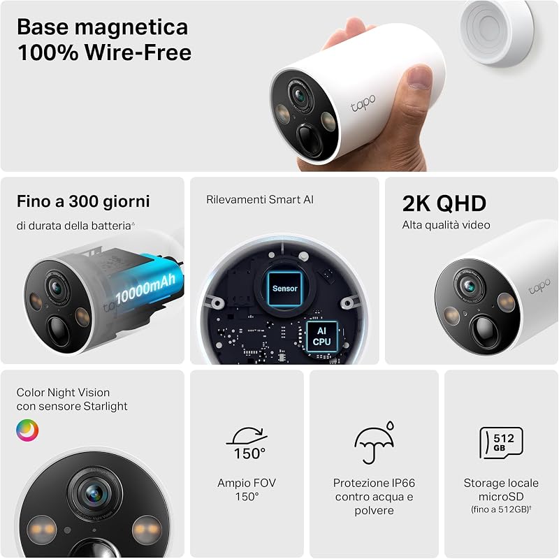 C425 2K Telecamera WiFi Esterno Senza Fili Batteria 300 Giorni, 4pz