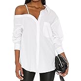 SUNNOW Women's Off Shoulder Long Sleeve Blouse Adjustable Tie Shirt with Functional Breast Pocket Casual Chic Tops