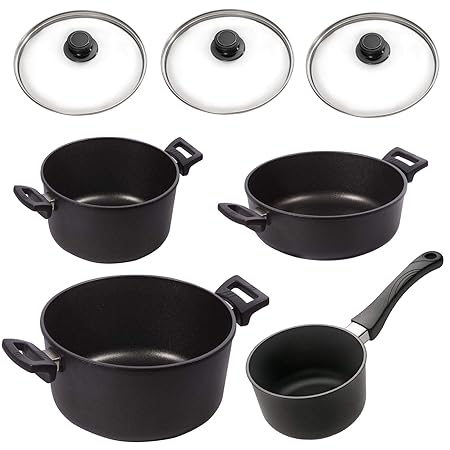 Eurolux Topfset Aluguss beschichtet 7-teilig Bratentopf Kochtöpfe Stieltopf PFOA frei inkl. Deckel Edelstahlrand