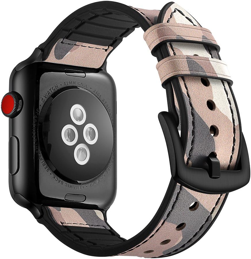 Aottom Compatible for Apple Watch Band 40mm 38mm Leather Silicone Hybrid Vintage Sweatproof Breathable Bracelet Wristband Replacement Band for 40mm 38mm iWatch Series SE/6/5/4/3/2/1, Camouflage Pink