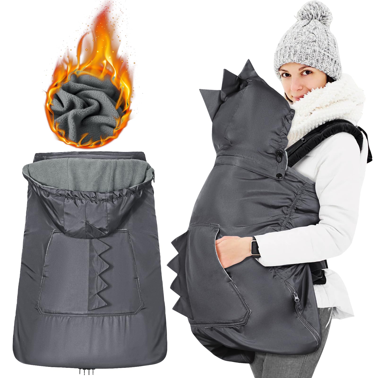 Orzbow Waterproof Baby Carrier Cover, Baby Carrier Cover Winter with Bag, Machine Washable, Central Pocket, Removable Top, Bottom Double Two-Way Zippers, Dark Grey Dino