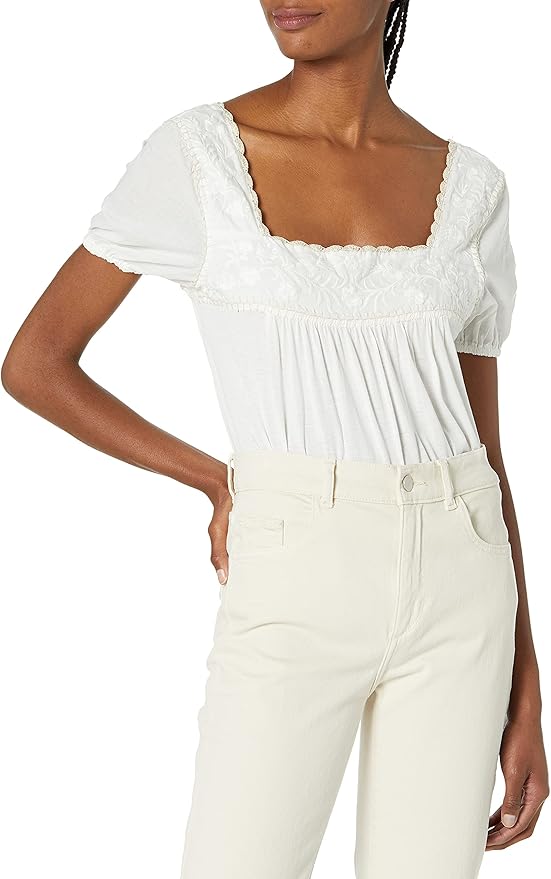 Lucky Brand Women's 3/4 Sleeve Square Neck Embroidered Top at Amazon Womenâs Clothing store