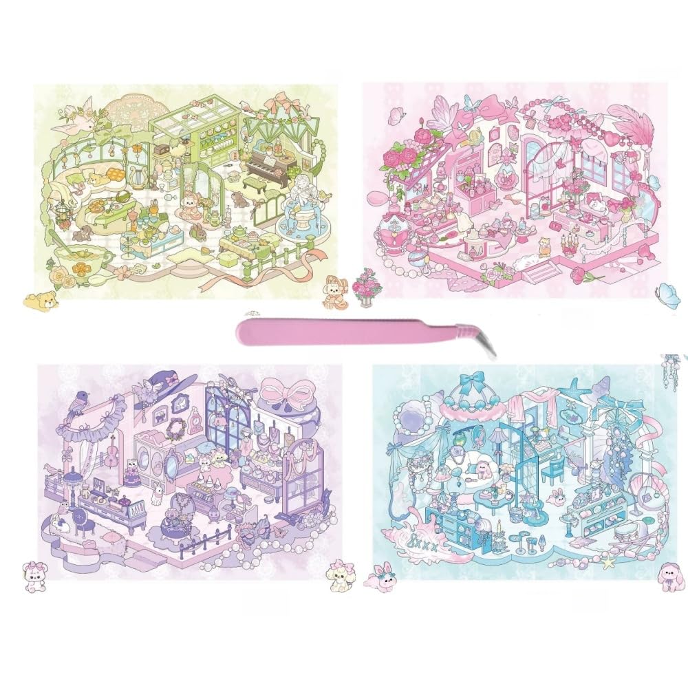 Luzhans Large Size DIY 3D Sticker Scene 4 Sets Retro Isometric Miniature Room Stickers Book for Adults Cute Make Your Own House Stickers