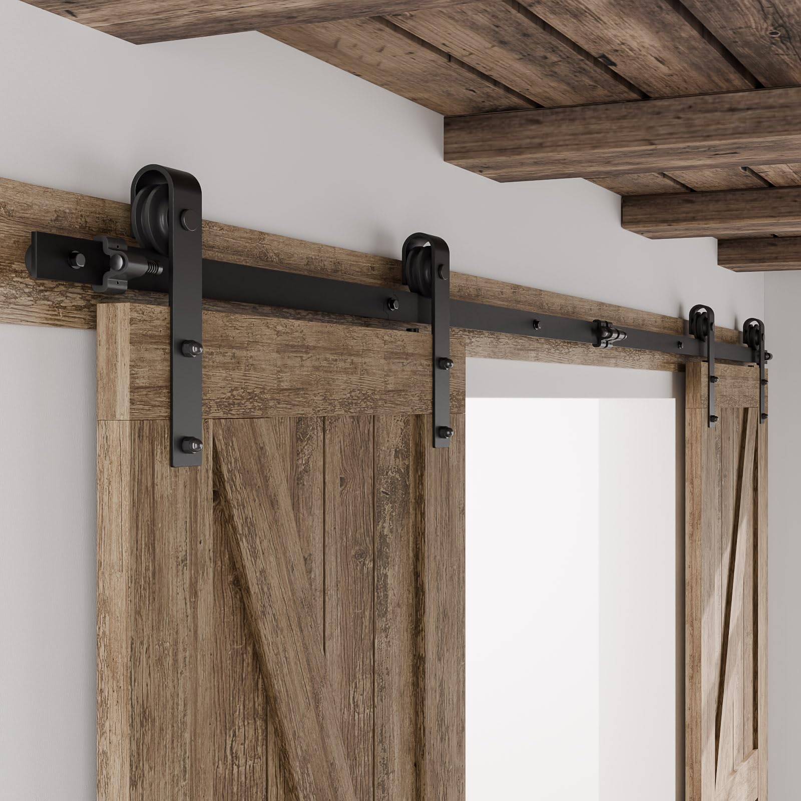 CCJH 19FT Sliding Barn Door Hardware Kit, Heavy Duty, Smoothly and Quietly, Easy to Install, Fit 57" Width Double Door Panel, Basic Style Hangers Black Image