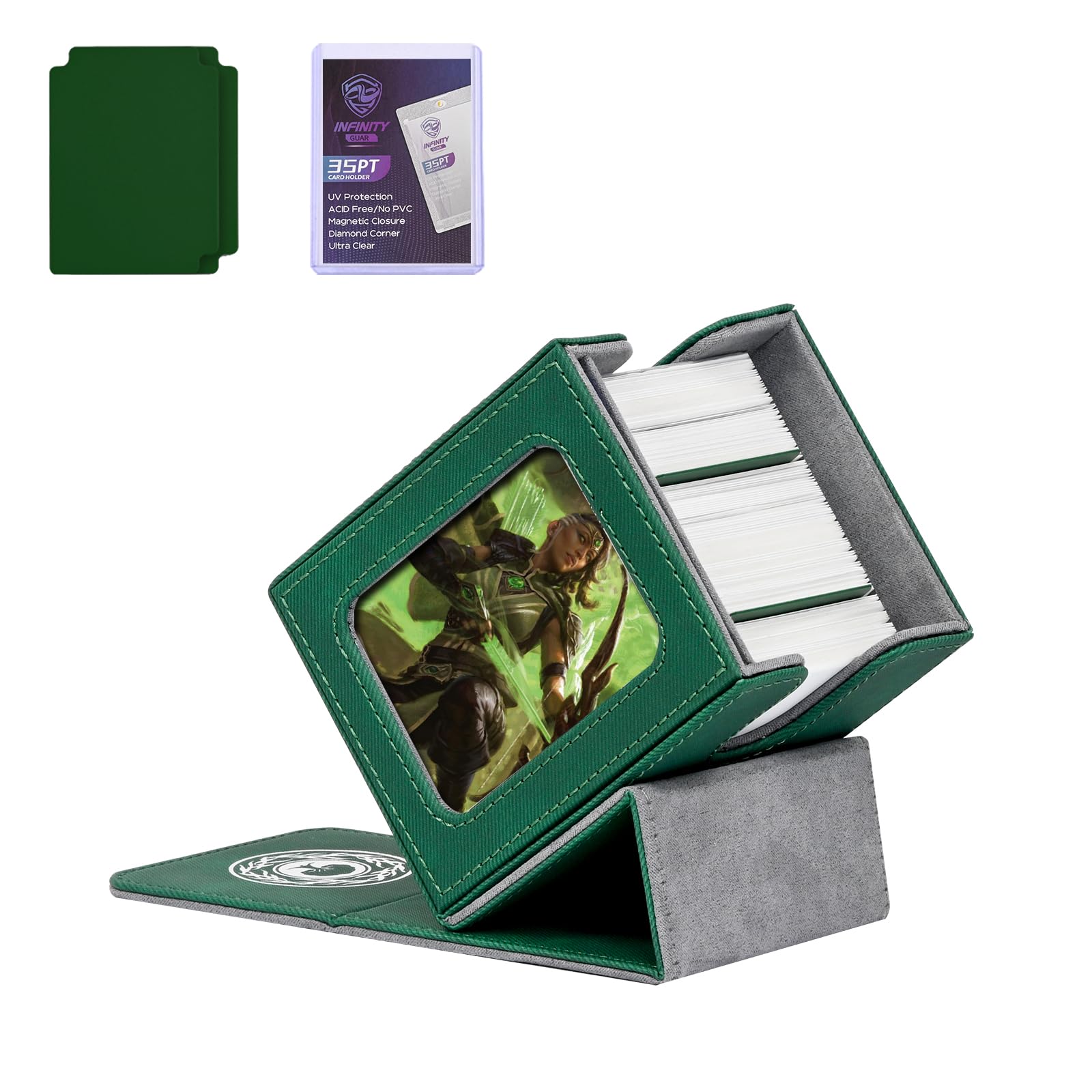Marsguard MTG Deck Box with 2 card dividers, holds over 100+ single-sleeved cards, PU leather case for TCG(Black) (Green&Grey, 120+)