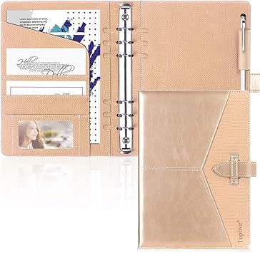 Amazon Toplive システム手帳 A5サイズ おしゃれ 6穴 リング バインダーノート リングノート ルーズリーフ式 高級 Puレザーカバー スケジュール帳 メモ帳 手帳 カード収納 ペンホルダー付 文房具 就職 ビジネスオフィス用品 プレゼント ゴールド システム手帳