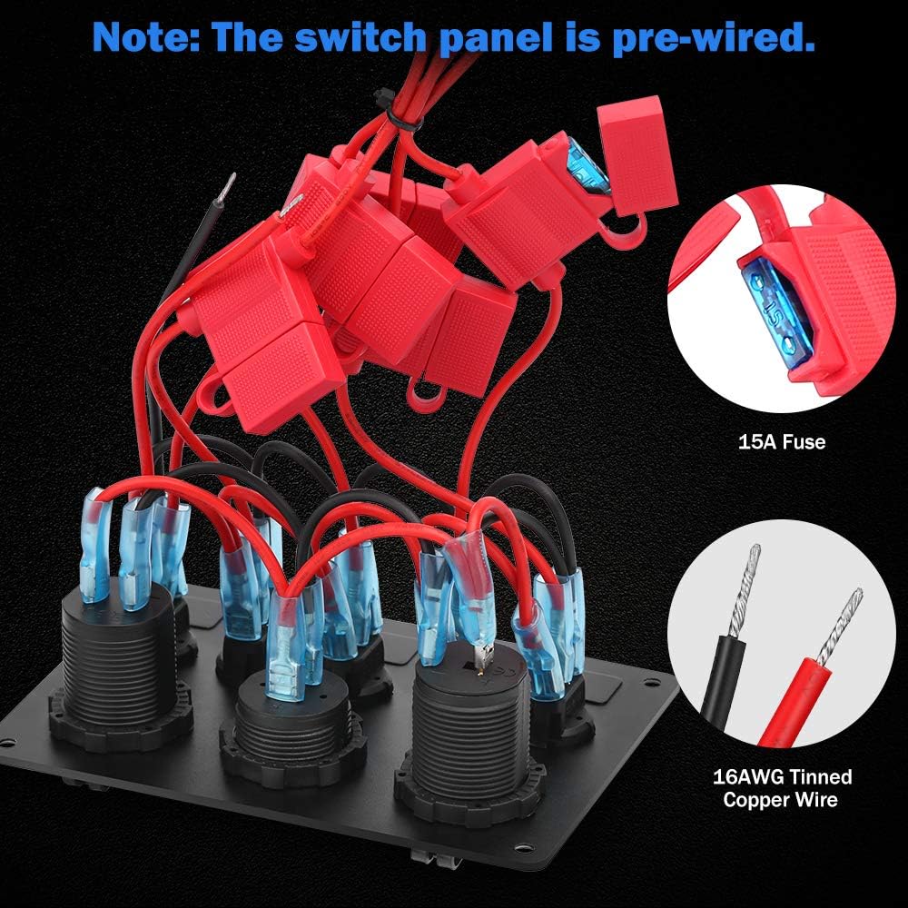 Electop 5 Gang Rocker Switch Panel, Toggle Switches/4.2A Dual USB Socket Charger/LED Voltmeter/12V Power Outlet Aluminum Panel Mount with 15A Fuses Pre-wired Waterproof for Car Boat Truck Marine RV: Automotive