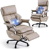 EMIAH Genuine Leather Ergonomic Office Chair with Foot Rest Electric Executive Office Chair Reclining with Massage Big and Tall High Back Computer Chair with Wheels, Genuine Leather (Light Khaki)