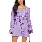 Neresum 2026 Dresses for Women V Neck Puff Fall Long Sleeve High Waist Ruffle Casual A-Line Swing Mini Dress