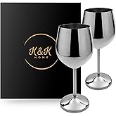 K&K Home Silver Stainless Steel Unbreakable Wine Glasses - 18 oz - Set of 2 Colored, Stemmed Metal Wine Glasses Perfect for Outdoors, Weddings, and Parties (Silver, Set of 2)