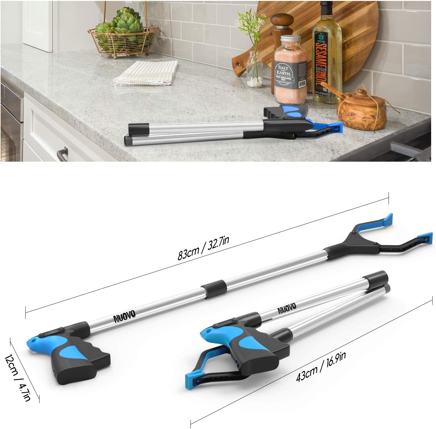 Nuovoware Reacher Grabber Tool, 32" Foldable Handy Pick Up Grabber, Lightweight Long Mobility Aid, Reaching Assist Tool for Items on High Cabinets, Litter Picker, Arm Extension, Blue: Kitchen & Dining