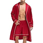 SWOMOG Men's Satin Robe Silky Kimono Bathrobe with Shorts Set Lightweight Soft Loungewear Nightwear