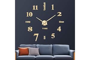 VREAONE Frameless DIY Wall Clock,Large Modern 3D Mirror Wall Clock Decor Sticker DIY Clock kit for Home Living Room Bedroom Office Wall Decorations(Gold)
