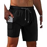 Gleeease 7inch Mens Swim Trunks: 2 in 1 with Compression Liner Pockets Drawstring Quick Dry Stretch Lined Funny Beach Pool