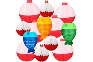 YIOTJUNL 13pcs Fishing Bobber Paper Lanterns Hanging Fish Shaped Lanterns Honeycomb Ball Decorations Red and White Paper Lanterns for Fishing Themed Party Decorations Birthday Decor Supplies.